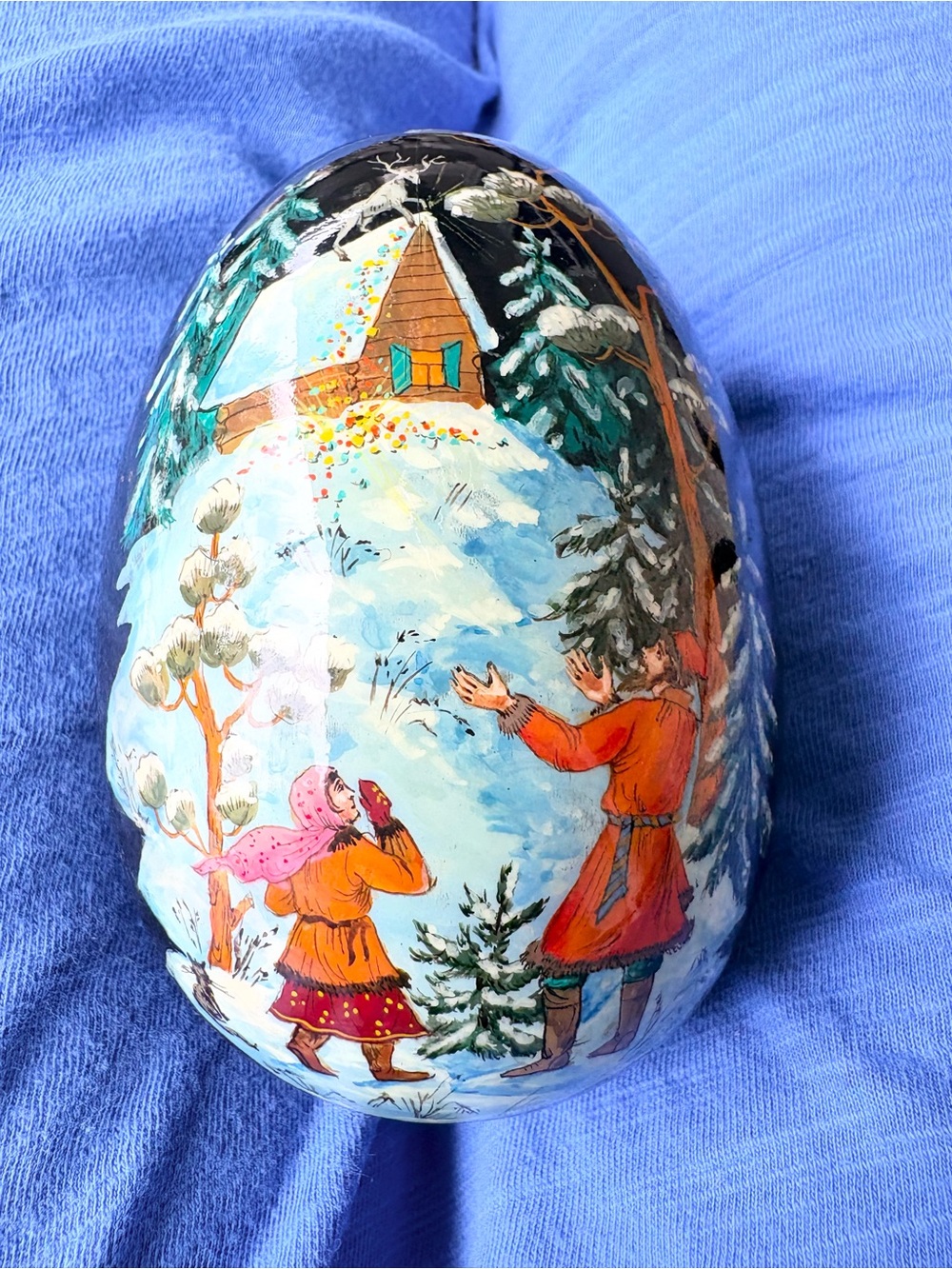 Hand-Painted Lacquer Egg, Palekh Kholui Tradition,Morozko Scene 1995 Hand Signed
